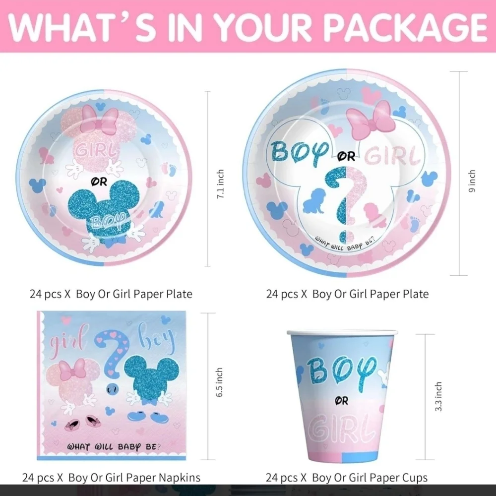 New Gender Reveal babyshower party supplies cups, plates boy girl 194 pcs